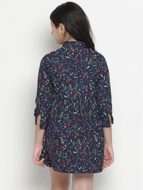 Oxolloxo Girls Navy Blue Floral Satin Shirt Dress