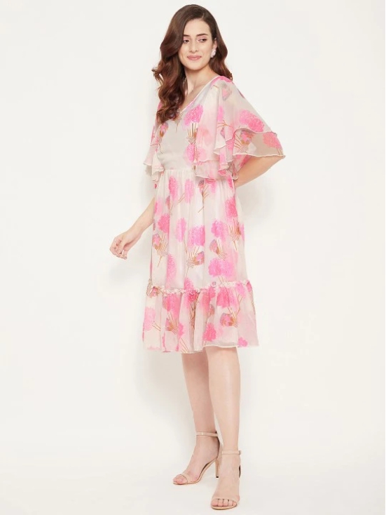 Floral Print Square Neck Puff Sleeve Georgette Fit & Flare Dress