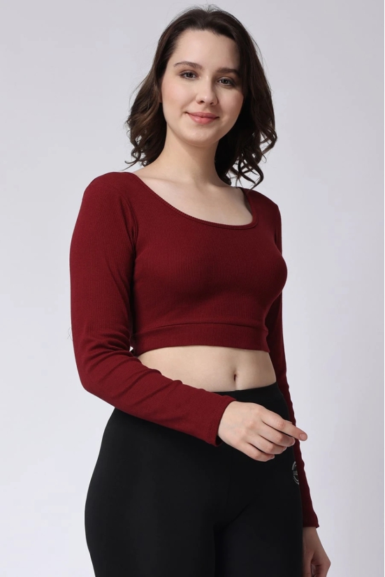 Womens Maroon Gym Rib Long Sleeve Crop Top-M / Maroon