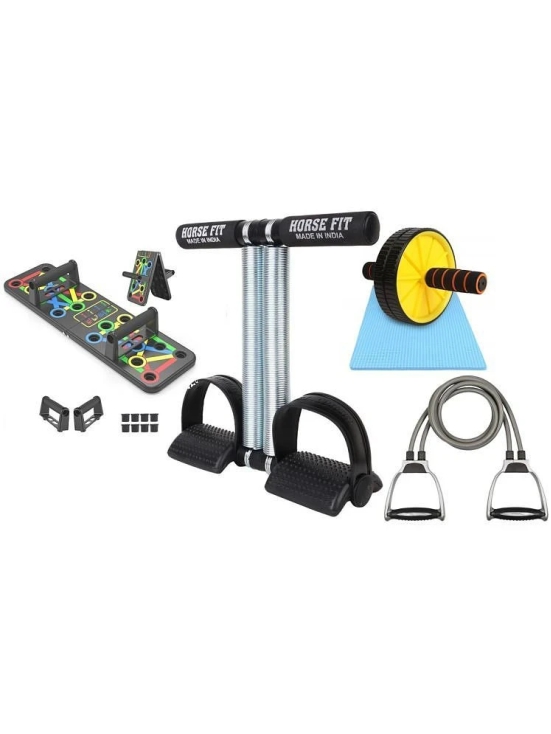 HORSE FIT Double Spring Tummy Trimmer, Double Wheel Ab Roller, Push Up Board and Double Toning Resistance Tube Home Gym Exercise Equipment for Men & Women Best Fitness Combo - Multi Color