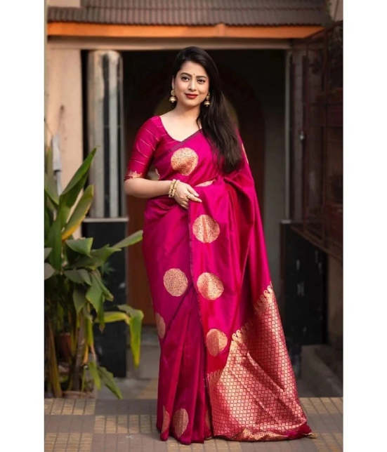 Apnisha Banarasi Silk Embellished Saree With Blouse Piece - Pink ( Pack of 1 ) - Pink