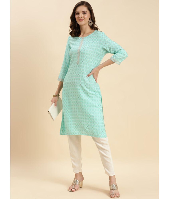 Rangita Women Sea Green Rayon Printed Knee Length Straight Kurti - None