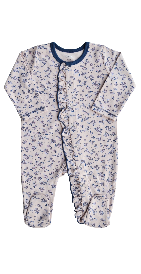 Navy Flower Print on Lt.Pink Sleeper/Full Romper With Frill & Feet(100% Cotton)