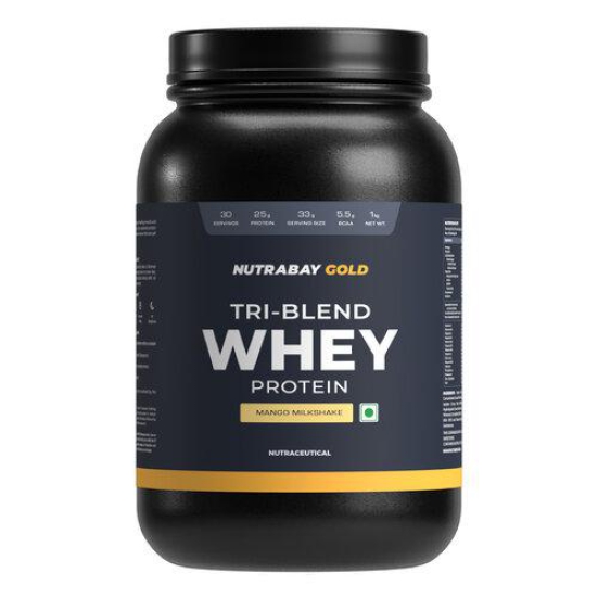 Nutrabay Gold Tri Blend Whey Protein Powder - 1kg, Mango Milkshake | 25g Protein, 5.5g BCAA | Concentrate, Isolate, Hydrolyzed Protein | Muscle Growth & Recovery | Gym Supplement for Men & Women