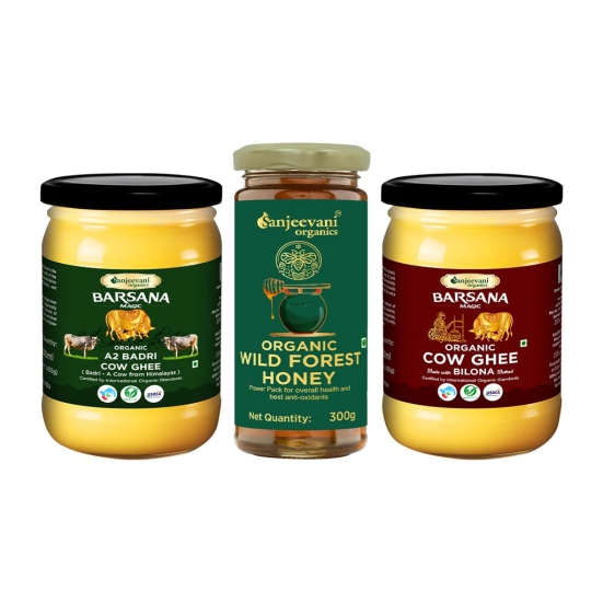 Sanjeevani Organic Jar Pack of 3-  A2 Badri cow ghee 500ml Himalayan A2 Badri Cow Ghee is a testament to quality and care. Organic Bilona Cow Ghee  500ml  Organic Wild Forest Honey 300g  Pure, Organic, Unprocessed & Unpasteurized.