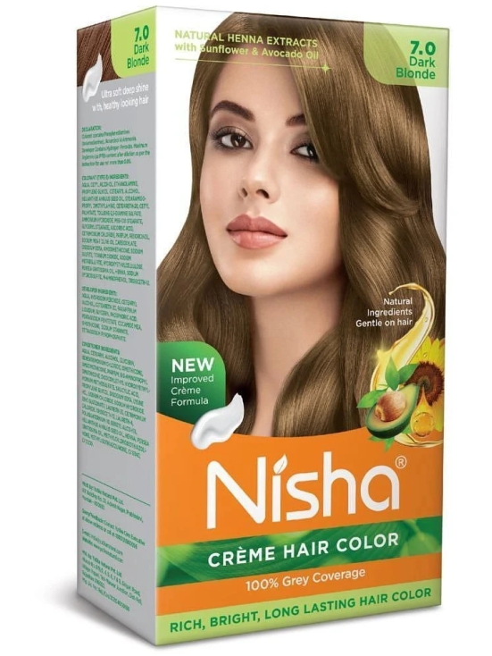 Nisha Creme Hair Color 7.0 Dark Blonde 120g, Permanent Hair Colour with Henna Extract, 100% Grey Coverage