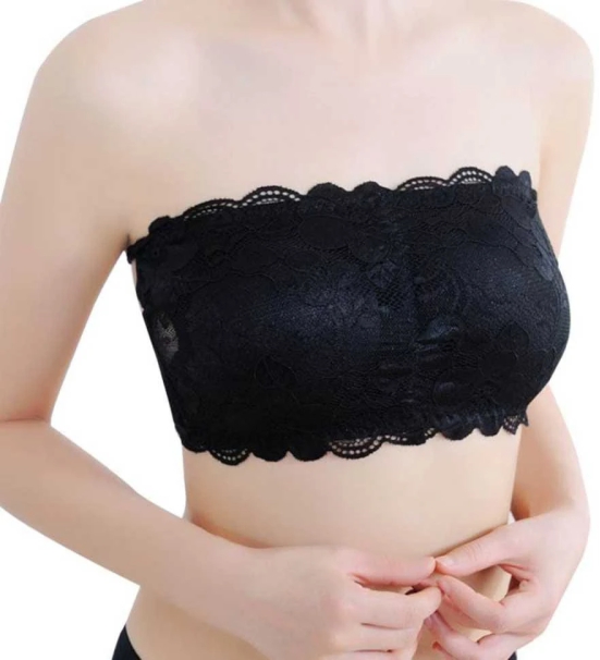 Women’s/Girl’s Lace Net Tube Bra Strapless Padded Seamless Hook Closure Bra - Black