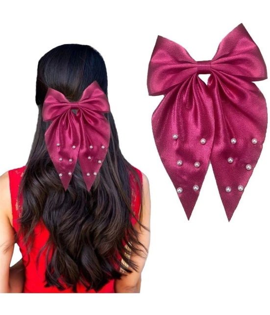 Lykaa Large Satin Hair Bow with Pearls Longtail Clips Hair Accessories for Women -1 Pcs (Multicolor) - Magenta