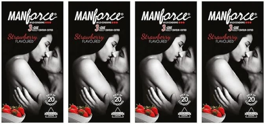 Manforce Condoms 3 in 1 Ribbed Contour Dotted Strawberry Flavoured Condoms - 10 Pcs x Pack of 4