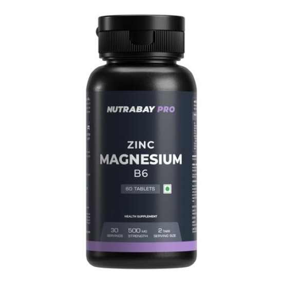 Nutrabay Pro Zinc Magnesium (ZMA) with 100% RDA of Zinc, Magnesium Aspartate and Vitamin B6 - For Muscle Strength, Recovery, Restful Sleep & Anxiety Relief supplement for Men & Women - 60 Veg Tablets
