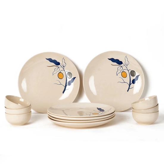 Bodhi House Handpainted Stoneware Ceramic Dinner Set, 8 Pieces Serving for 4, Microwave and Dishwasher Safe, Bone-ash Free, Crockery Set for Dining and Gifting, Feather White