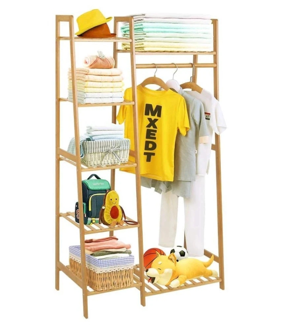 House of Quirk Bamboo Wood Garment Rack Clothing Rack with 5 Tiers Storage Shelf Corner Clothes Hanging Rack (Ladder Design)(80cm Width)