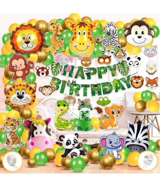 Zyozi Jungle Safari Birthday Decoration / Birthday Decorations items - Party Decoration Bunting Banner with Balloons, Cake Topper,Foil Balloons, Cardstock Cutout, Glue & Sticker (Pack of 81)