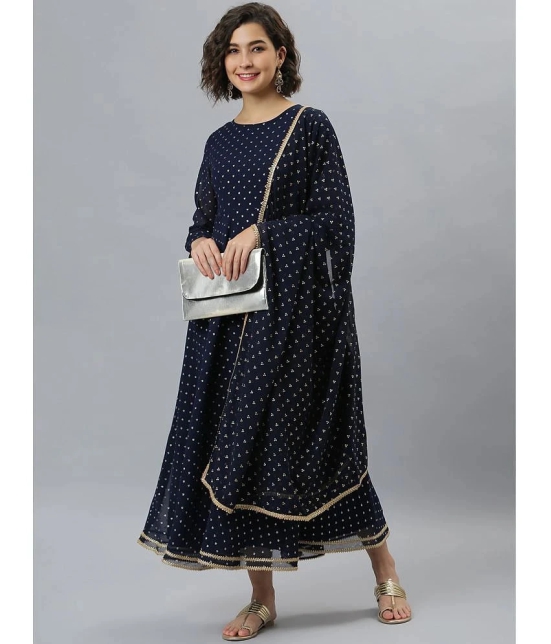 Janasya Georgette Printed Flared Womens Kurti with Dupatta - Navy Blue ( Pack of 1 ) - None