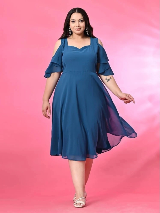 PrettyPlus by Desinoor.com Georgette Solid Midi Womens Fit & Flare Dress - Blue ( Pack of 1 ) - None