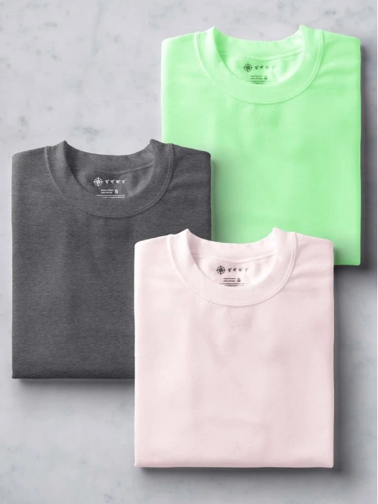 Dark Grey, Soft Pink & Electric Mint Half Sleeve Round Neck Cotton Plain Regular Fit Pack of 3 combo T-Shirt for men by Ghumakkad