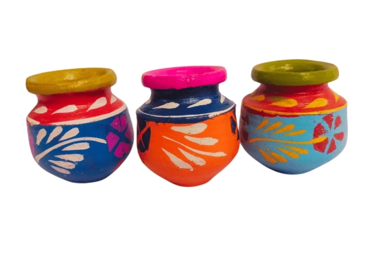 Set of 3 Handmade Colorful Clay Pots with Traditional Indian Design - Decorative Items