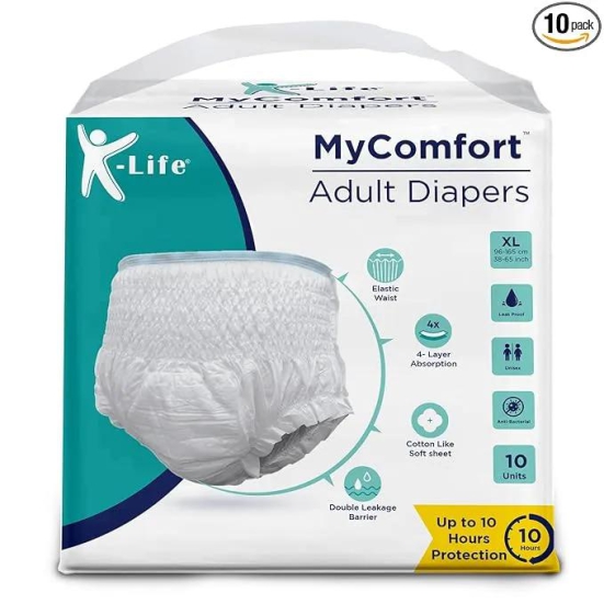 K-life Premium Anti-Bacterial 4layer Absorption Unisex Pant Style Adult Diapers | Pack of 1 | 10 Count | Extra Large (Waist Size 38-65 inch |96-165 cm)