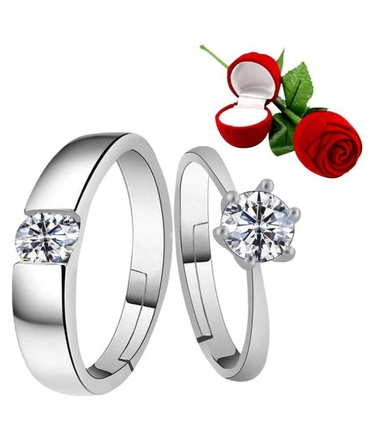 Silver Shine Silver Plated Adjustable Couple Ring with 1 Piece Red Rose Gift Box for Men and Women - None