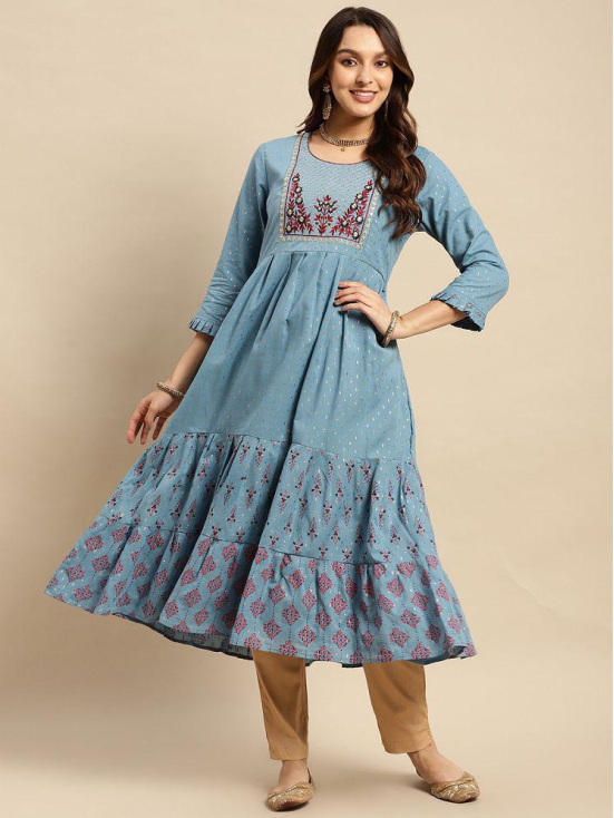 Rangita Women 100% Cotton Light Blue Yoke Embroidered Gold Textures Calf Length Anarkali Kurti - None