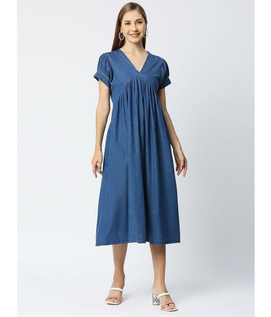 CEFALU Denim Solid Midi Women''s A-line Dress - Blue ( Pack of 1 ) - None