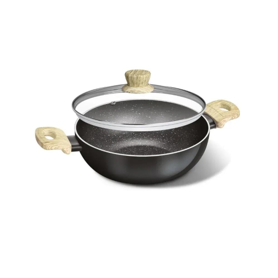 Bergner Bellini Aura Non Stick Kadai with Glass Lid | Gas & Induction Compatible | Black 3.6 Litre