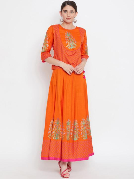 Women Orange Printed Top with Skirt