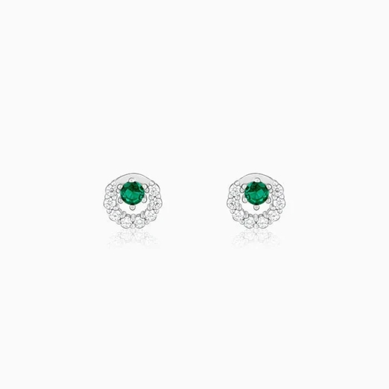 Silver Emerald Green Halo Stud Earrings