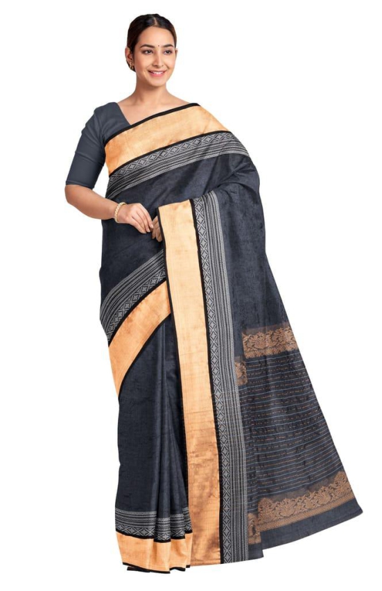 Handwoven Tussar Silk Jaquard Saree - Black