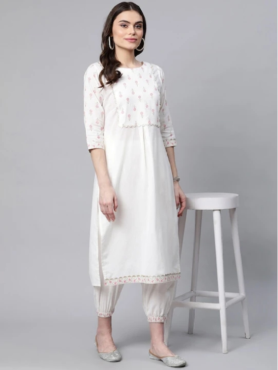 Women Off White Floral Yoke Design Gotta Patti Pure Cotton Kurta with Trousers