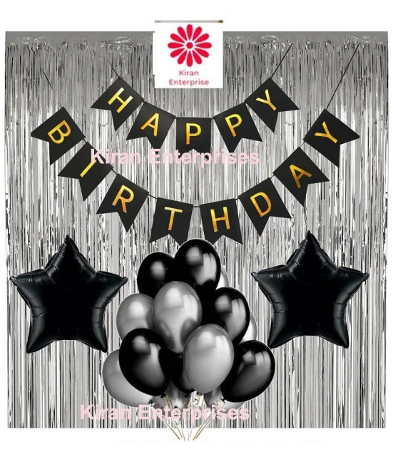 Kiran Enterprises Happy Birthday Banner ( Black ) + 2 Foil Star ( Black ) + 2 fringe Curtain ( Silver ) + 30 Metallic Balloon ( Black, Silver )