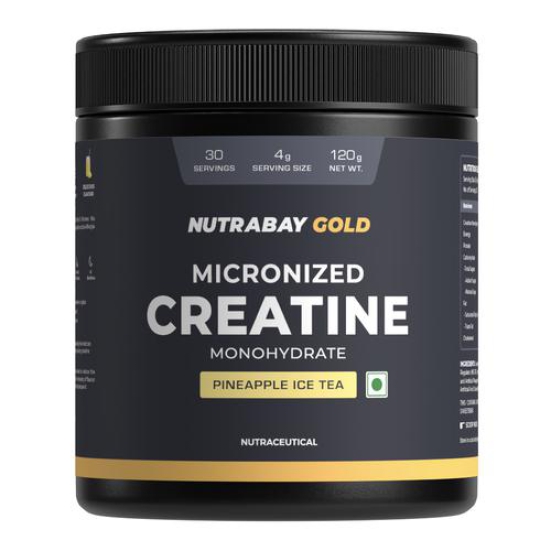 Nutrabay Gold Micronised Creatine Monohydrate Powder - 120g, Pineapple | NABL Lab Tested | 3g Creatine / Serving | Increases Muscle Mass, Strength & Power | Pre & Post Workout Supplement | For Men & Women