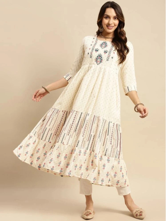 Rangita Women 100% Cotton Off White Yoke Embroidered Self Textured Calf Length Anarkali Kurti - None