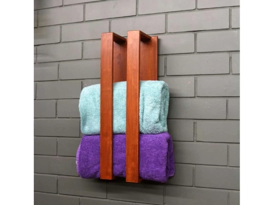 BARISH-Towel Holder | Wall Mount Towel Holder Organiser | Handcrafted with Rubberwood | Superior Finish & Unique Contemporary Design | 13 x 20 x 53CM  - Tobacco Brown