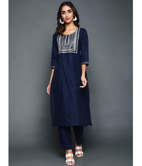 Antaran Cotton Blend Embellished Kurti With Pants Womens Stitched Salwar Suit - Navy ( Pack of 1 ) - None