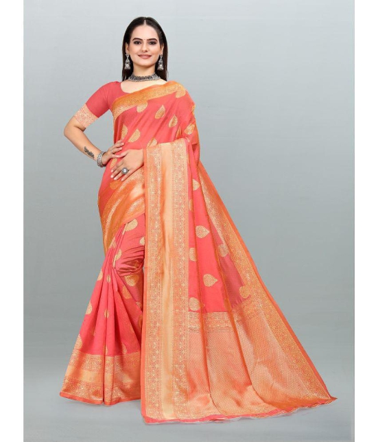 Om Shantam Sarees - Pink Banarasi Silk Saree With Blouse Piece ( Pack of 1 ) - Pink