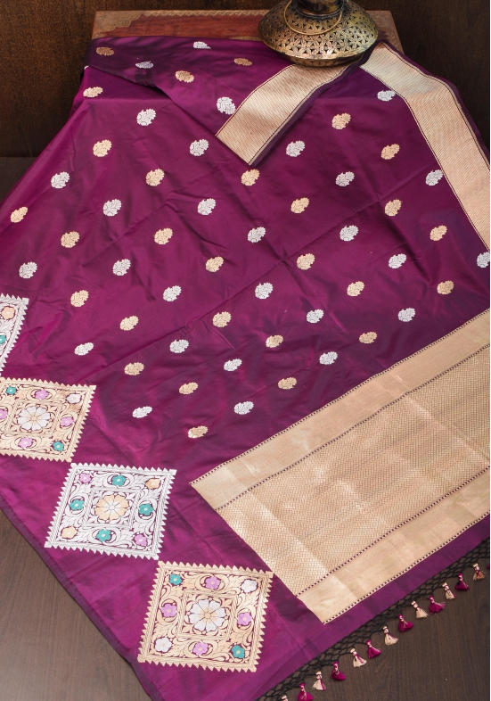 Exquisite Purple Banarasi Katan Silk Saree with Meenakari Geometric Motifs| SILK MARK CERTIFIED