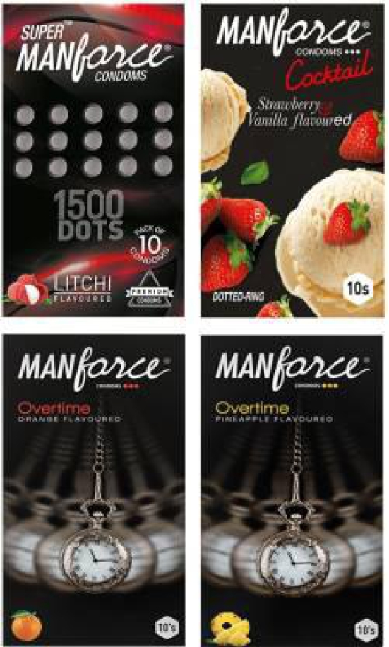 MANFORCE Fruit Basket Combo Pack (3in1 Overtime Orange 3in1 Overtime Pineapple Extra Dotted Litchi & Cocktail Strawberry + Vanilla with Dotted Rings) - 40 Pieces (Pack of 4) Condom  (Set of 4