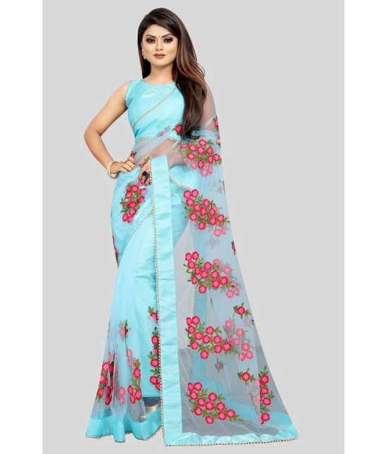 Gazal Fashions - SkyBlue Net Saree With Blouse Piece ( Pack of 1 ) - SkyBlue