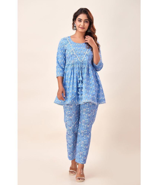 FabbibaPrints Cotton Printed Kurti With Pants Women's Stitched Salwar Suit - Blue ( Pack of 1 ) - None