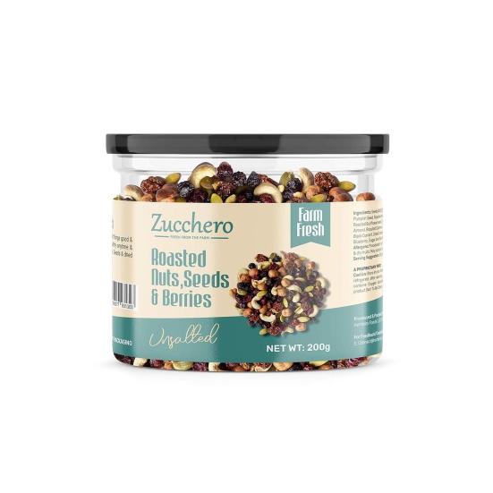 Zucchero Roasted Premium Nuts, Seeds & Berries, Unsalted, 200g (Mix of 14 Super Nuts, Seeds & Berries) | Oil-Free Roasting | No Salt | Slow baked Nuts & Seeds