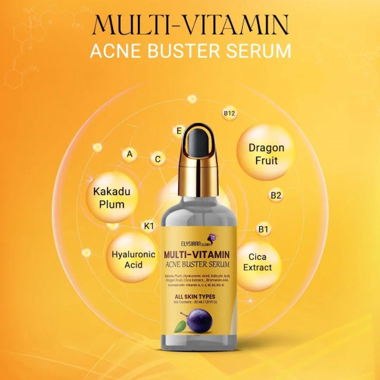 Multi Vitamin Acne Buster Serum Kakadu Plum,Hyaluronic Acid, Salicylic Acid, Dragon Fruit, Cica Extract, Enriched with-Vitamin A, C, E, B1, B2, B12, K1 Bromelain, AHA.