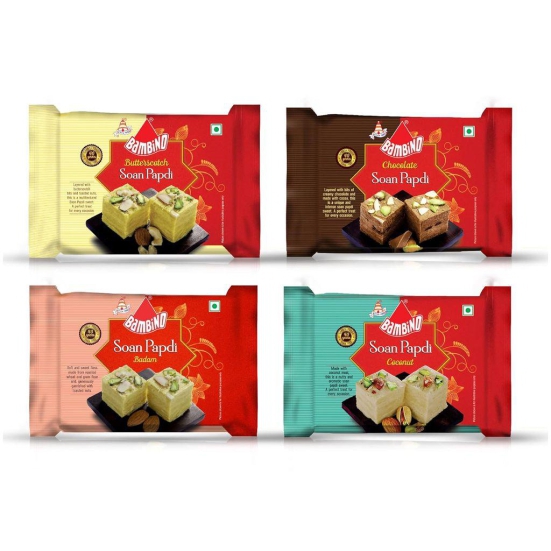 Bambino Soan Papdi Assorted Combo Pack of 4 (200 Gm x 4 800Gms ) Contains Soan Papdi Badam,Butterscotch,Chocolate,Coconut