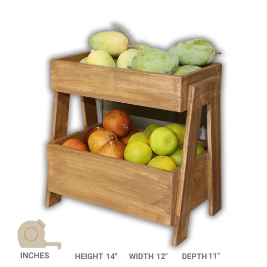 BARISH - Veg & Fruit Basket 2 Tier - Beautiful and Elegant | 2 Tier Wooden Fruit and Vegetable Basket | Handcrafted with Rubberwood | Multipurpose Basket Storage