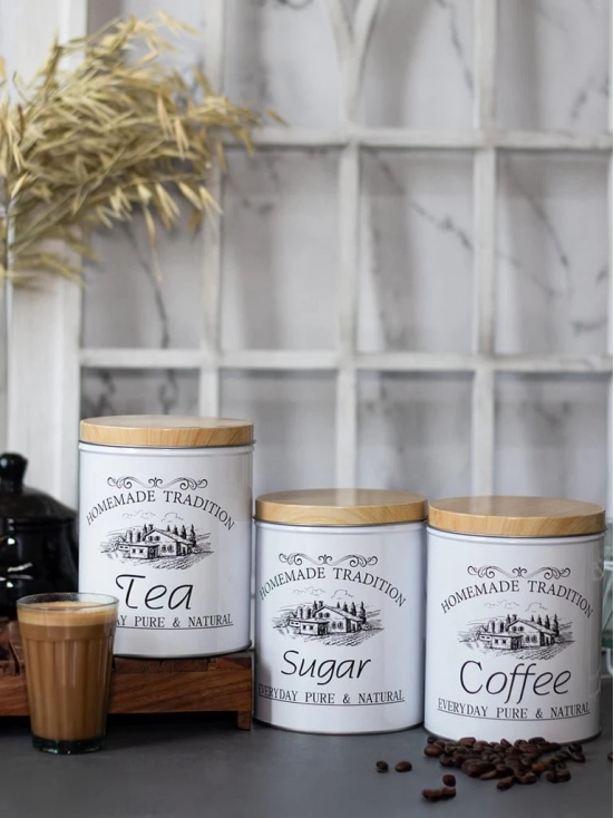 Coffee, Tea & Sugar - Metal Jar Set Of 3, Cylindrical & 1600Ml,