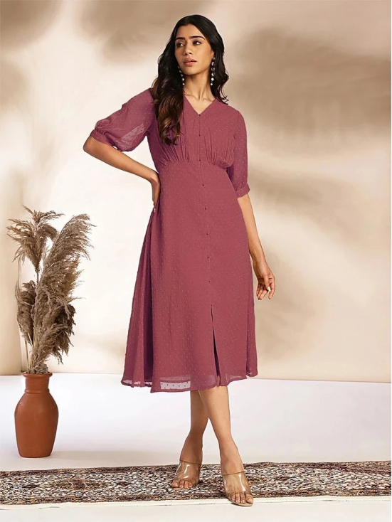 Janasya Chiffon Self Design Midi Womens Fit & Flare Dress - Mauve ( Pack of 1 ) - None