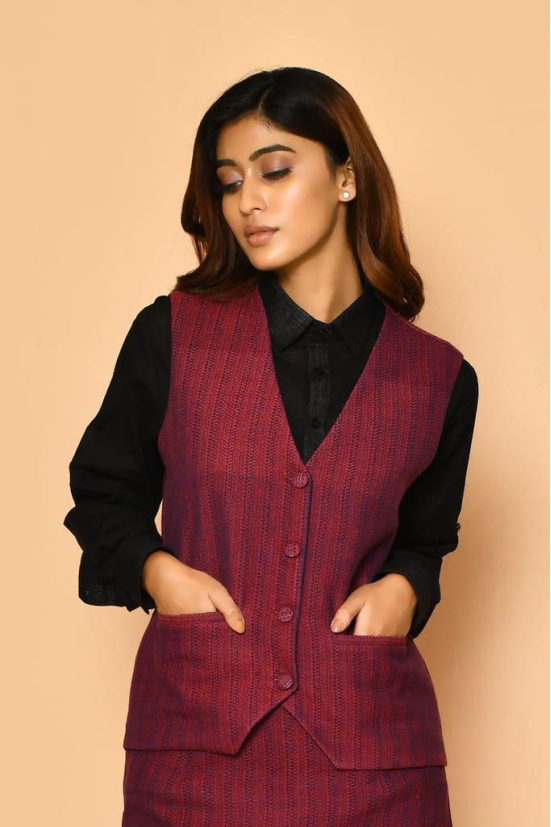 Red V-neck Handloom Cotton Jacket