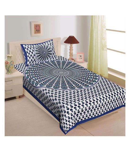 Rangun - Blue Cotton Single Bedsheet with 1 Pillow Cover - Blue