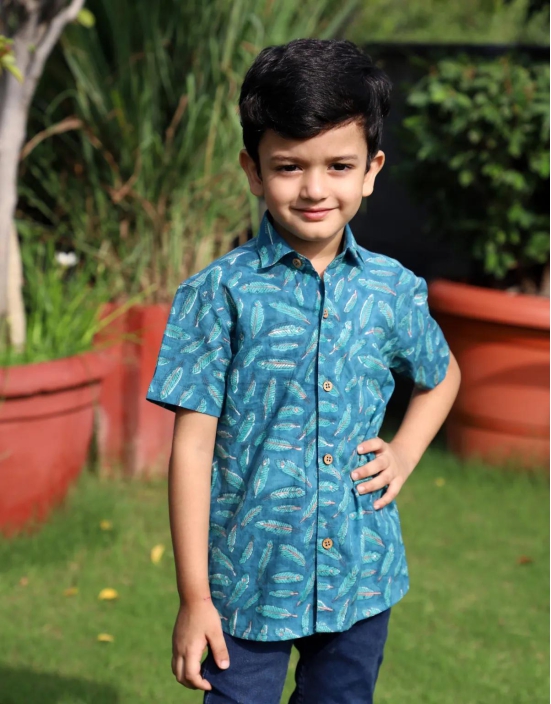 Sea Green Hand Block Printed Boys Shirt-7-8 Yrs