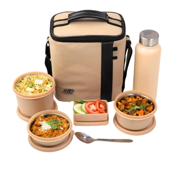 Lunch Box Set with Insulated Bag and Steel Cutlery – 3 Microwave Safe Steel Containers BPA Free (290ml, 450ml, 600ml), Plastic Pickle Box (180ml), and 750ml Steel Water Bottle(Beige)